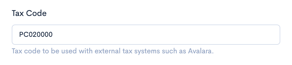 Example Tax Code field on Product or Category Edit View